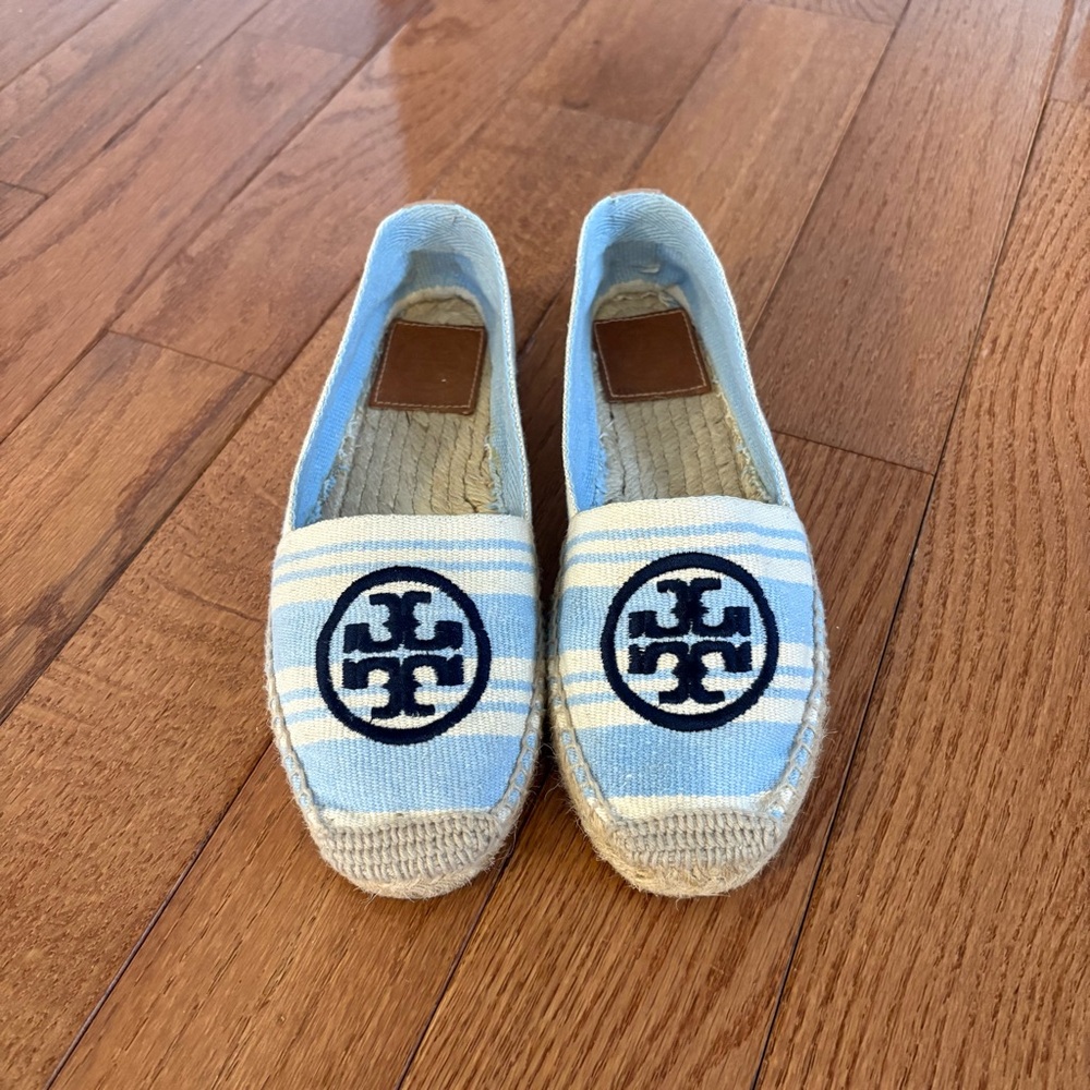 Tory Burch Light Blue and White Striped Espadrilles